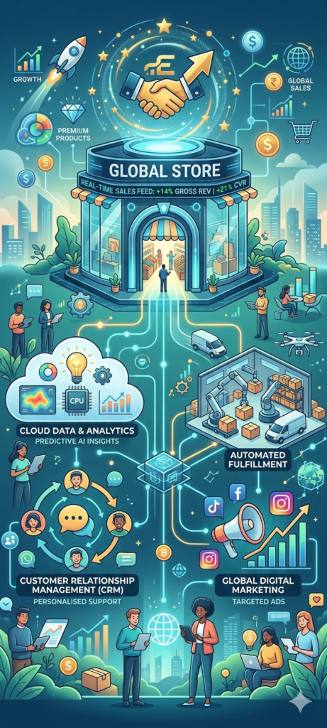 Global digital ecosystem showing automated fulfillment and digital marketing 2026.