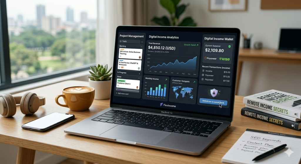 Digital income analytics dashboard showing 2026 earnings and projects management.