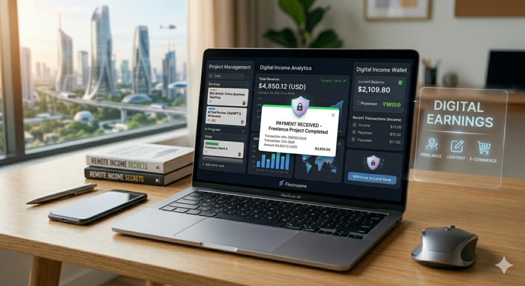 Laptop on a desk showing a " Payment Received" notification and a digital income analytics dashboard for 2026