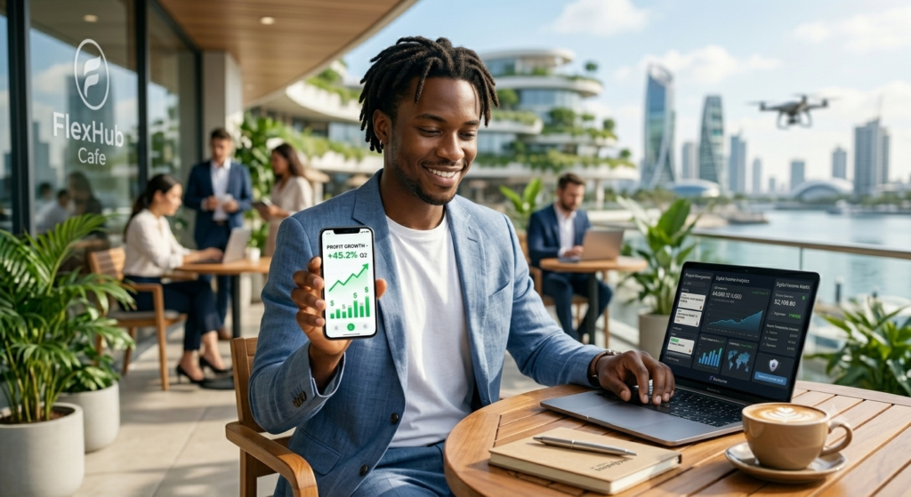 Digital entrepreneur using a phone to track A-powered profits during tech layoffs.