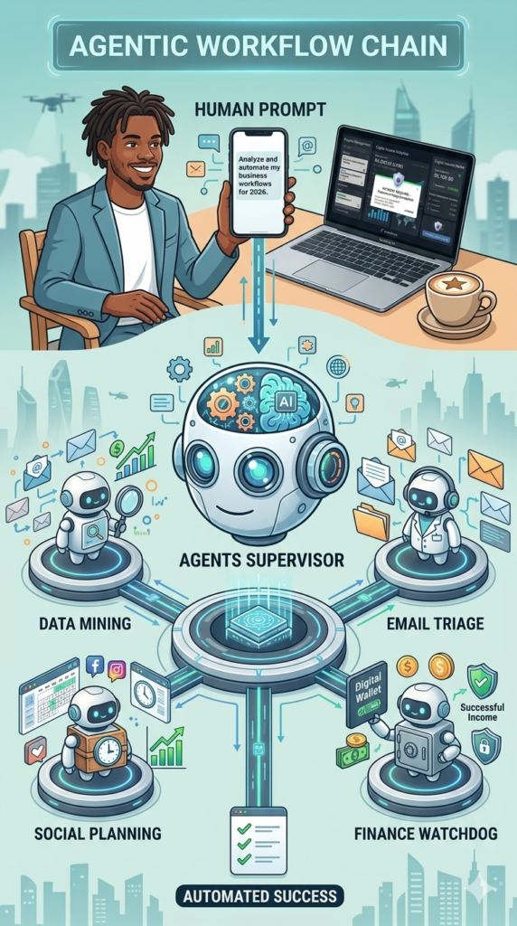 Vertical graphic illustrating the multi-agent chain of a complete autonomous workflow for daily tasks.