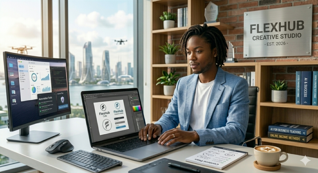 Young freelancer using AI tools for graphic design work.