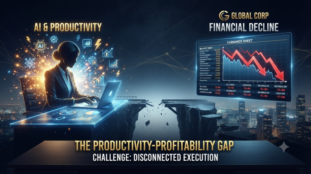 The AI trust gap: 97% of executives see personal AI gains but only 29% see organizational ROI. A visual metaphor showing the disconnect between individual AI productivity and company financial results