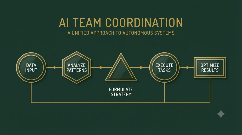 Illustration of connected AI agent nodes in deep green and gold, representing a multi-agent workflow with clear handoffs between stages
