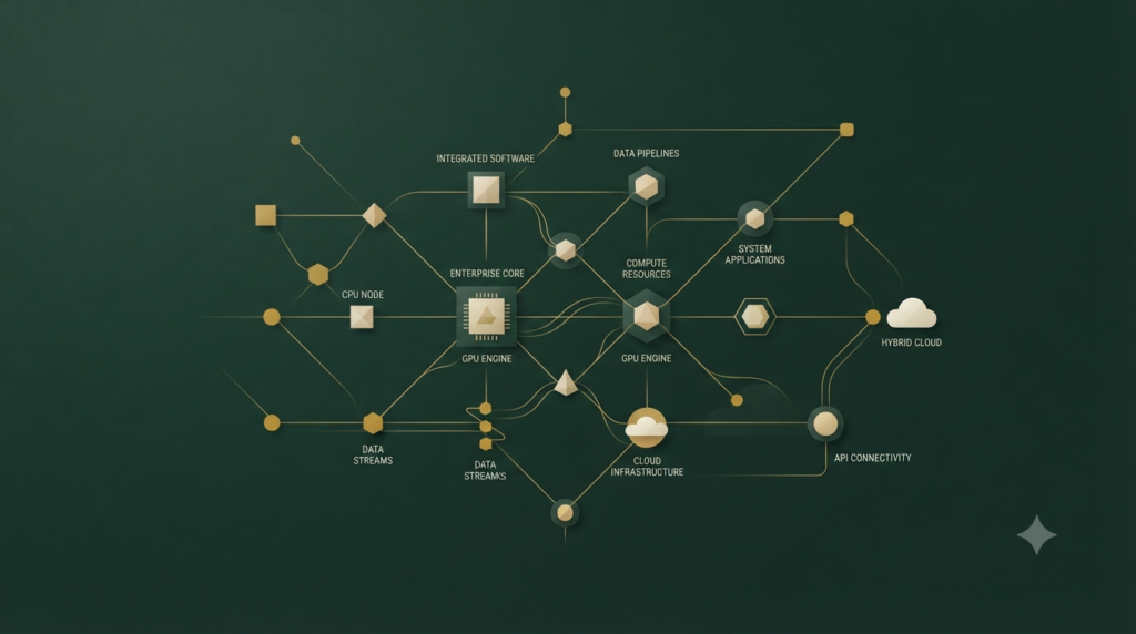 Abstract illustration of connected enterprise AI infrastructure systems in deep green and gold, representing CPU, GPU, and software working as one system