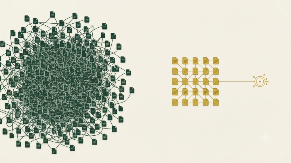 Illustration contrasting a dense, disorganized cluster of document icons in green representing scattered organizational knowledge, against a smaller, structured cluster in gold connected to an AI system